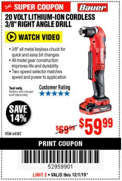 Harbor Freight Coupon BAUER 20 VOLT HYPERMAX LITHIUM CORDLESS 3/8" RIGHT ANGLE DRILL Lot No. 64582 Expired: 12/1/19 - $59.99