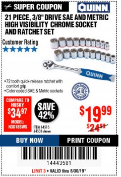 Harbor Freight Coupon QUINN 21 PIECE, 3/8" DRIVE SAE AND METRIC HIGH VISIBILITY SOCKET SET Lot No. 64515/64536 Expired: 6/30/19 - $19.99