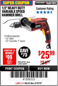 Harbor Freight Coupon 1/2" HEAVY DUTY VARIABLE SPEED HAMMER DRILL Lot No. 68169/62383/60495 Expired: 2/18/19 - $25.99