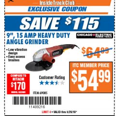 Harbor Freight ITC Coupon 9" HEAVY DUTY ANGLE GRINDER Lot No. 69085 Expired: 5/29/18 - $54.99