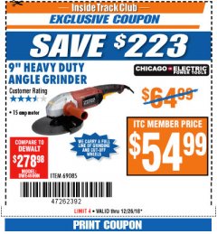 Harbor Freight ITC Coupon 9" HEAVY DUTY ANGLE GRINDER Lot No. 69085 Expired: 12/26/18 - $54.99