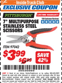 Harbor Freight ITC Coupon 7" MULTIPURPOSE STAINLESS STEEL SCISSORS Lot No. 97042 Expired: 3/31/19 - $3.99
