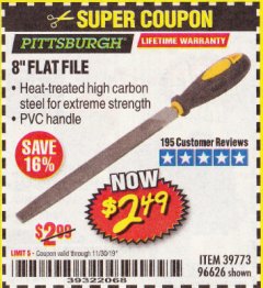 Harbor Freight Coupon 8" FLAT FILE Lot No. 39773/96626 Expired: 11/30/19 - $2.49
