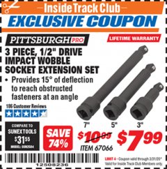 Harbor Freight ITC Coupon 3 PIECE, 1/2" DRIVE IMPACT WOBBLE SOCKET EXTENSION SET Lot No. 67066 Expired: 3/31/20 - $7.99