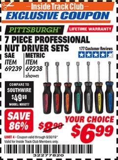 Harbor Freight ITC Coupon 7 PIECE PROFESSIONAL NUT DRIVER SETS Lot No. 95207/69239/69238 Expired: 9/30/19 - $6.99