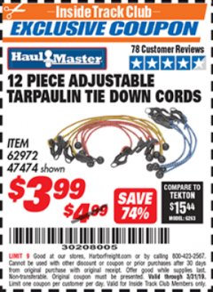 Harbor Freight ITC Coupon 12 PIECE ADJUSTABLE TARPAULIN TIE DOWN CORDS Lot No. 62972/47474 Expired: 3/31/19 - $3.99