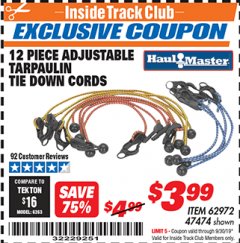 Harbor Freight ITC Coupon 12 PIECE ADJUSTABLE TARPAULIN TIE DOWN CORDS Lot No. 62972/47474 Expired: 8/30/19 - $3.99