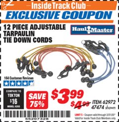 Harbor Freight ITC Coupon 12 PIECE ADJUSTABLE TARPAULIN TIE DOWN CORDS Lot No. 62972/47474 Expired: 3/31/20 - $3.99