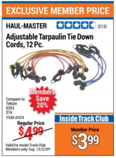 Harbor Freight ITC Coupon 12 PIECE ADJUSTABLE TARPAULIN TIE DOWN CORDS Lot No. 62972/47474 Expired: 12/3/20 - $3.99