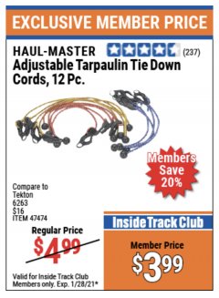 Harbor Freight ITC Coupon 12 PIECE ADJUSTABLE TARPAULIN TIE DOWN CORDS Lot No. 62972/47474 Expired: 1/28/21 - $3.99