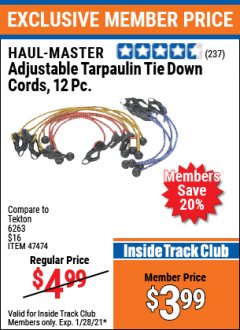 Harbor Freight ITC Coupon 12 PIECE ADJUSTABLE TARPAULIN TIE DOWN CORDS Lot No. 62972/47474 Expired: 1/28/21 - $3.99