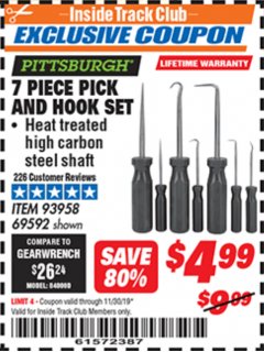 Harbor Freight ITC Coupon 7 PIECE PICK AND HOOK SET Lot No. 69592/93958 Expired: 11/30/19 - $0