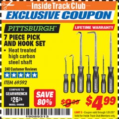 Harbor Freight ITC Coupon 7 PIECE PICK AND HOOK SET Lot No. 69592/93958 Expired: 1/31/20 - $4.99