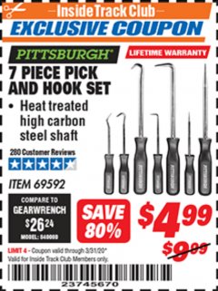 Harbor Freight ITC Coupon 7 PIECE PICK AND HOOK SET Lot No. 69592/93958 Expired: 3/31/20 - $4.99