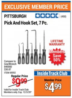 Harbor Freight ITC Coupon 7 PIECE PICK AND HOOK SET Lot No. 69592/93958 Expired: 12/3/20 - $4.99