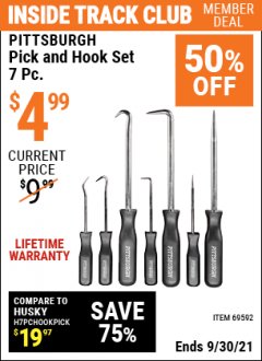 Harbor Freight ITC Coupon 7 PIECE PICK AND HOOK SET Lot No. 69592/93958 Expired: 9/30/21 - $4.99