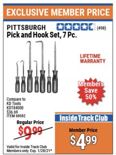 Harbor Freight ITC Coupon 7 PIECE PICK AND HOOK SET Lot No. 69592/93958 Expired: 1/28/21 - $4.99