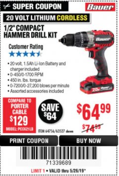 Harbor Freight Coupon 1/2" COMPACT HAMMER DRILL KIT Lot No. 64756/63527 Expired: 5/19/19 - $64.99