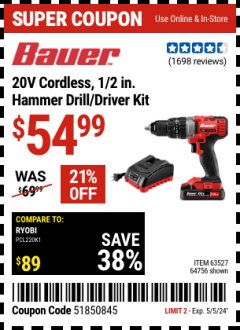 Harbor Freight Coupon 1/2" COMPACT HAMMER DRILL KIT Lot No. 64756/63527 EXPIRES: 5/5/24 - $54.99
