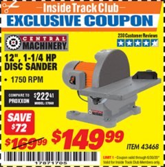 Harbor Freight ITC Coupon 12" 1-1/4 HP DISC SANDER Lot No. 43468 Expired: 6/30/20 - $149.99