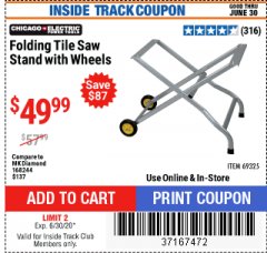 Harbor Freight ITC Coupon FOLDING TILE SAW STAND WITH WHEELS Lot No. 69325 Expired: 6/30/20 - $49.99