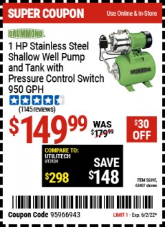 Harbor Freight Coupon 1 HP STAINLESS STEEL SHALLOW WELL PUMP AND TANK Lot No. 56395/63407 EXPIRES: 6/2/22 - $149.99