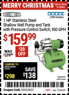 Harbor Freight Coupon 1 HP STAINLESS STEEL SHALLOW WELL PUMP AND TANK Lot No. 56395/63407 Expired: 12/24/23 - $159.99