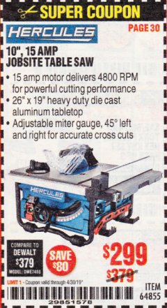 Harbor Freight Coupon HERCULES 10" 15 AMP JOBSITE TABLE SAW Lot No. 64855 Expired: 4/30/19 - $299