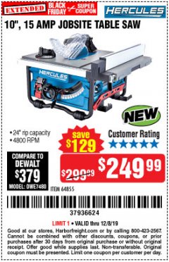Harbor Freight Coupon HERCULES 10" 15 AMP JOBSITE TABLE SAW Lot No. 64855 Expired: 12/8/19 - $249.99