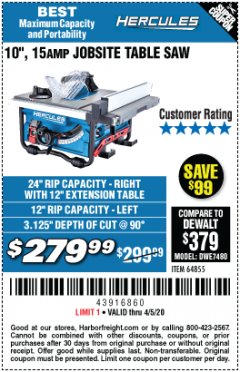 Harbor Freight Coupon HERCULES 10" 15 AMP JOBSITE TABLE SAW Lot No. 64855 Expired: 6/30/20 - $279.99