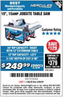 Harbor Freight Coupon HERCULES 10" 15 AMP JOBSITE TABLE SAW Lot No. 64855 Expired: 6/30/20 - $249.99