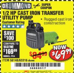 Harbor Freight Coupon DRUMMOND 1/2 HP CAST IRON TRANSFER UTILITY PUMP Lot No. 56148/63316 Expired: 6/11/19 - $69.99