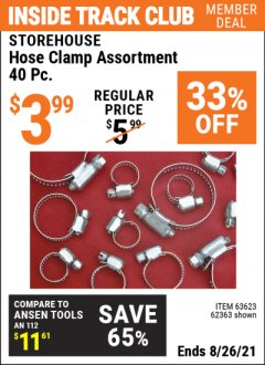 Harbor Freight ITC Coupon HOSE CLAMP ASSORTMENTS Lot No. 63280/61890/61209/62363/60807/63623/67578 Expired: 8/26/21 - $3.99