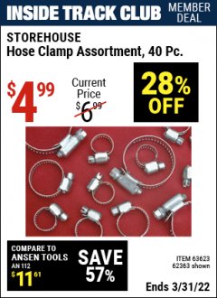 Harbor Freight ITC Coupon HOSE CLAMP ASSORTMENTS Lot No. 63280/61890/61209/62363/60807/63623/67578 Expired: 3/31/22 - $4.99