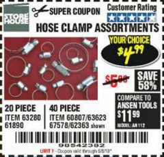Harbor Freight Coupon HOSE CLAMP ASSORTMENTS Lot No. 63280/61890/61209/62363/60807/63623/67578 Expired: 6/15/19 - $4.99