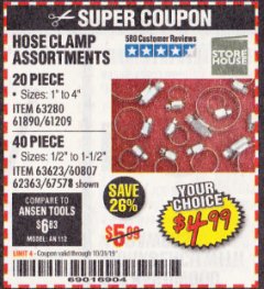 Harbor Freight Coupon HOSE CLAMP ASSORTMENTS Lot No. 63280/61890/61209/62363/60807/63623/67578 Expired: 10/31/19 - $4.99