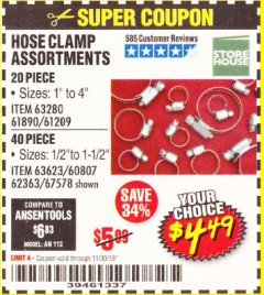 Harbor Freight Coupon HOSE CLAMP ASSORTMENTS Lot No. 63280/61890/61209/62363/60807/63623/67578 Expired: 11/30/19 - $4.49