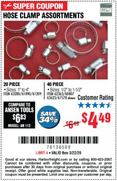 Harbor Freight Coupon HOSE CLAMP ASSORTMENTS Lot No. 63280/61890/61209/62363/60807/63623/67578 Expired: 3/22/20 - $4.49