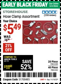 Harbor Freight Coupon HOSE CLAMP ASSORTMENTS Lot No. 63280/61890/61209/62363/60807/63623/67578 Expired: 11/13/22 - $5.49