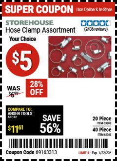 Harbor Freight Coupon HOSE CLAMP ASSORTMENTS Lot No. 63280/61890/61209/62363/60807/63623/67578 Expired: 1/22/23 - $5