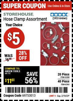 Harbor Freight Coupon HOSE CLAMP ASSORTMENTS Lot No. 63280/61890/61209/62363/60807/63623/67578 Expired: 2/19/23 - $5