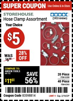 Harbor Freight Coupon HOSE CLAMP ASSORTMENTS Lot No. 63280/61890/61209/62363/60807/63623/67578 Expired: 2/19/23 - $5