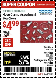 Harbor Freight Coupon HOSE CLAMP ASSORTMENTS Lot No. 63280/61890/61209/62363/60807/63623/67578 Expired: 8/17/23 - $4.99