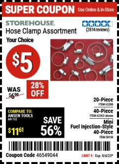 Harbor Freight Coupon HOSE CLAMP ASSORTMENTS Lot No. 63280/61890/61209/62363/60807/63623/67578 Expired: 9/4/23 - $5