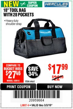 Harbor Freight Coupon HERCULES 18" TOOL BAG WITH 28 POCKETS Lot No. 64661 Expired: 3/3/19 - $17.99