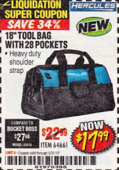 Harbor Freight Coupon HERCULES 18" TOOL BAG WITH 28 POCKETS Lot No. 64661 Expired: 5/31/19 - $17.99