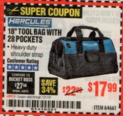 Harbor Freight Coupon HERCULES 18" TOOL BAG WITH 28 POCKETS Lot No. 64661 Expired: 7/31/19 - $17.99