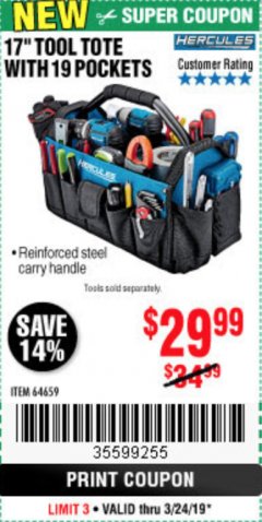 Harbor Freight Coupon HERCULES 17" TOOL TOTE WITH 19 POCKETS Lot No. 64659 Expired: 3/24/19 - $29.99