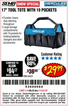Harbor Freight Coupon HERCULES 17" TOOL TOTE WITH 19 POCKETS Lot No. 64659 Expired: 11/24/19 - $29.99