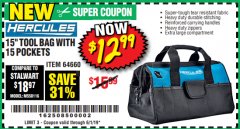 Harbor Freight Coupon HERCULES 15" TOOL BAG WITH 10 POCKETS Lot No. 64660 Expired: 6/1/19 - $12.99